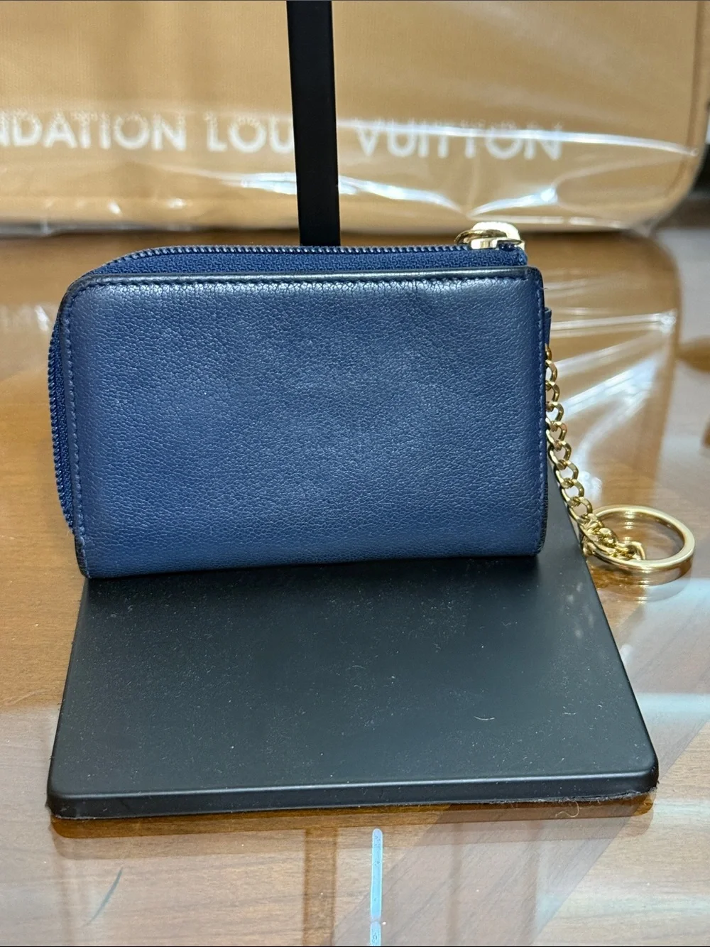 CHANEL Navy Leather CC Logo Key Pouch with Gold Chain